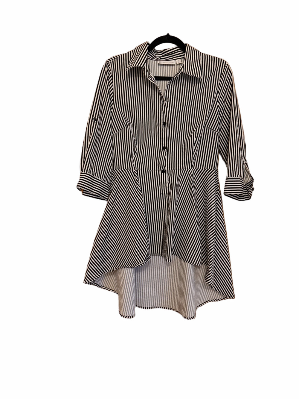 New York & Company Black and White Striped High-Low Button Down Shirt
